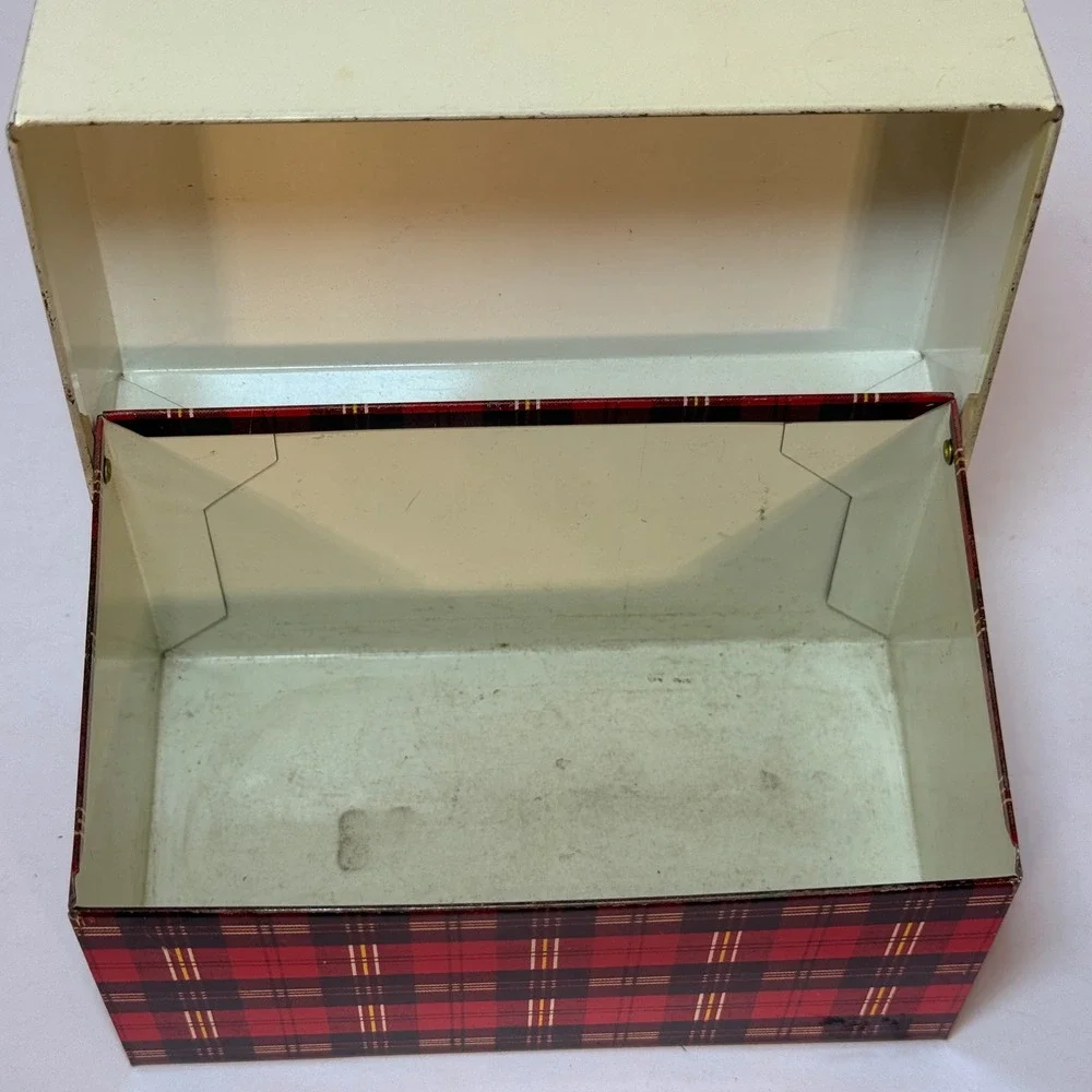 Vintage Ohio Art Red Plaid Metal Index Card Box Recipe Tin Mid-Century USA Made